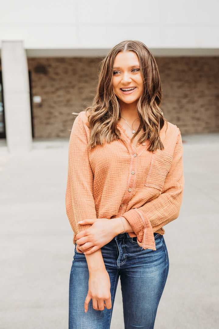 Breezy Energy Taupe Button Up Top