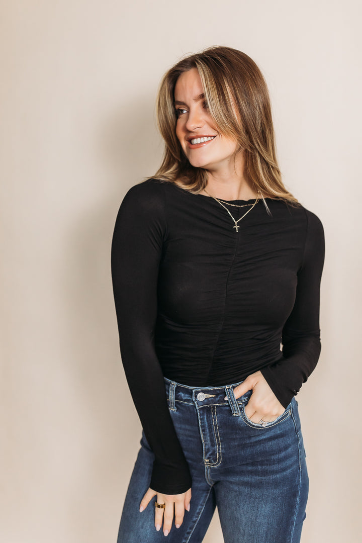 Favorable Feeling Black Ruched Top