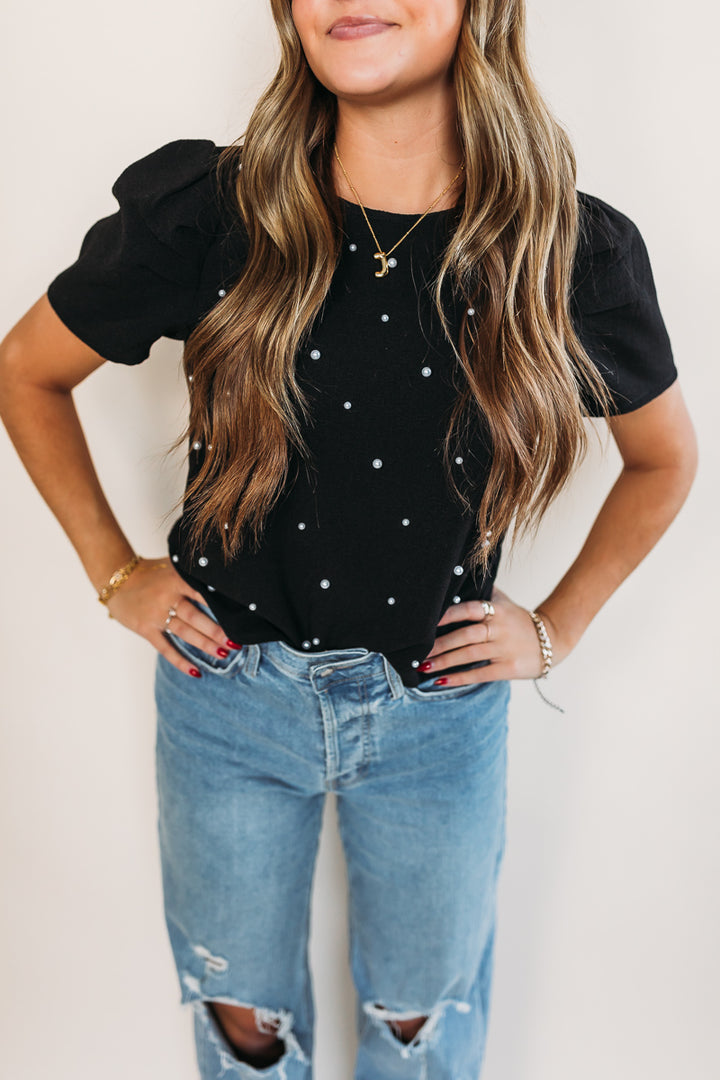 Pearly Perfection Black Puff Sleeve Top